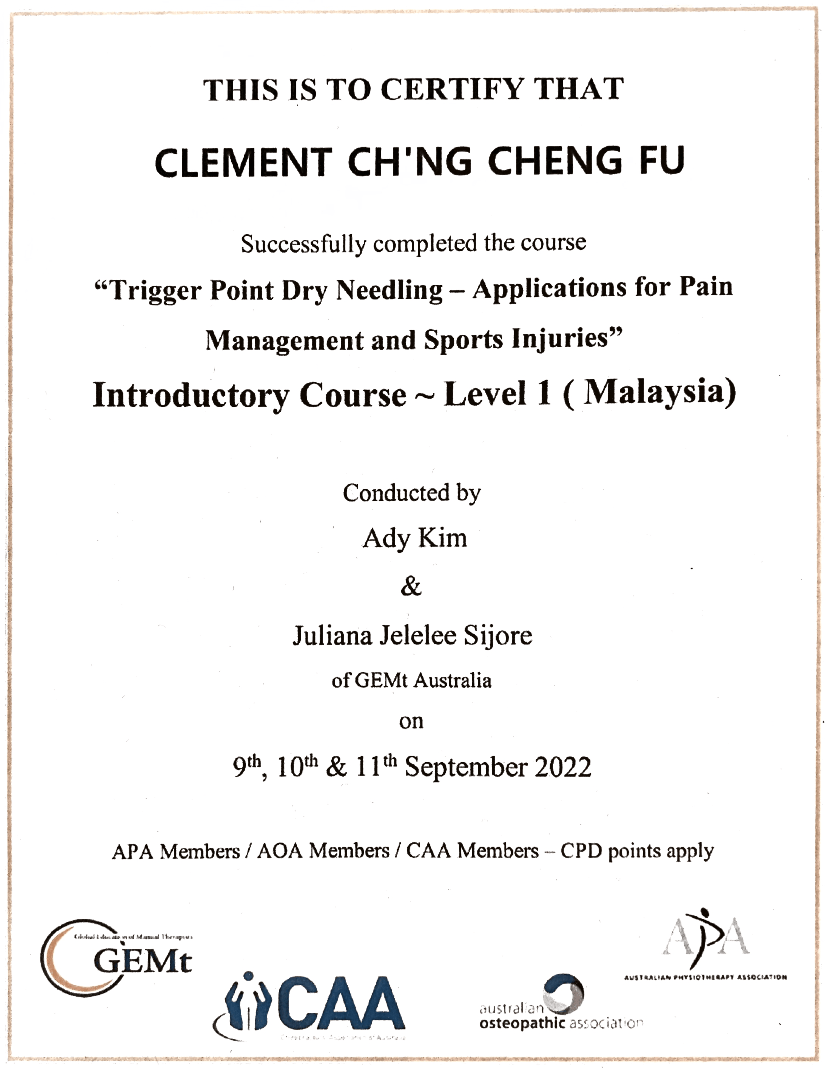 Clement GEMT 干针治疗师证书
